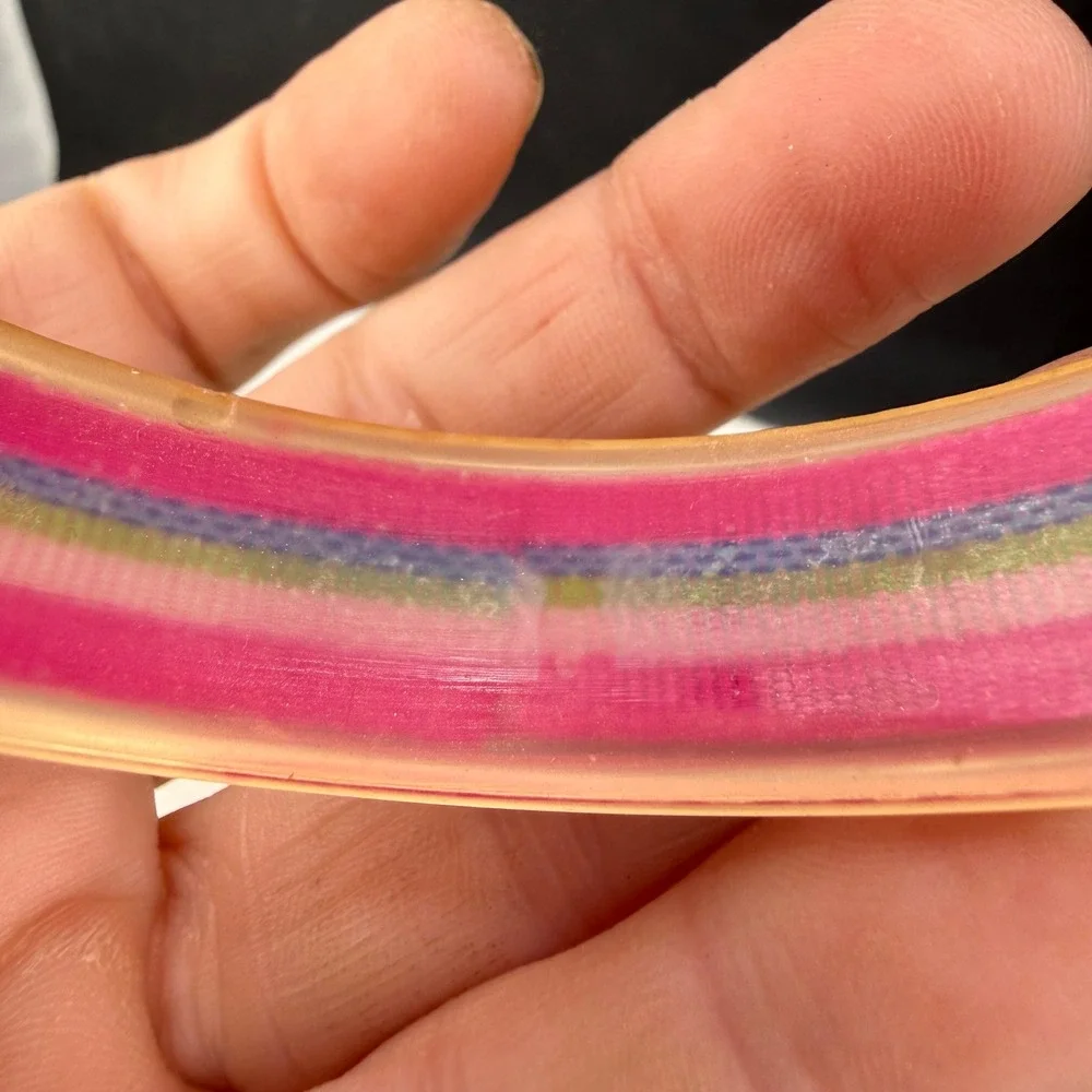 Vintage Bangle Bracelet Pink Striped Fabric Inlay Acrylic Retro 80s 8.5